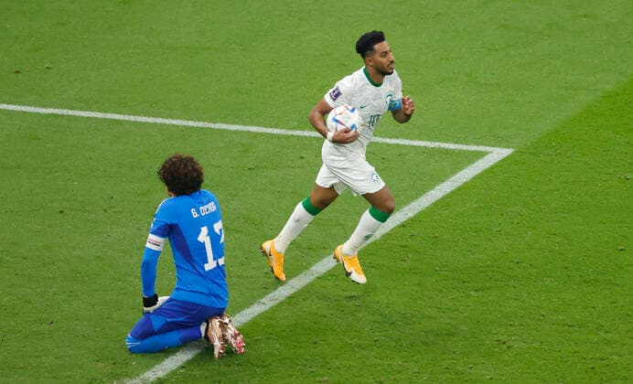 Salem Aldawsari (Up) of Saudi Arabia celebrates a goal during a FIFA World Cup, WM, Weltmeisterschaft, Fussball soccer match of the group phase between Saudi Arabia and Mexico at Lusail stadium, Qatar 30 November 2022. Soccer World Cup: Saudi Arabia vs. Mexico !ACHTUNG: NUR REDAKTIONELLE NUTZUNG!  Copyright: xEstebanxBibax GR3442 20221130-37859f06c35147be41348d3ebfc1f8beb839fd54