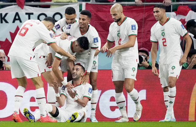 Mandatory Credit: Photo by Dave Shopland Shutterstock (13640369v) Hakim Ziyech of Morocco celebrates scoring the opening goal. Canada v Morocco, FIFA World Cup, WM, Weltmeisterschaft, Fussball 2022, Group F, Football, Al Thumama Stadium, Doha, Qatar - 01 Dec 2022 Editorial Use Only Canada v Morocco, FIFA World Cup 2022, Group F, Football, Al Thumama Stadium, Doha, Qatar - 01 Dec 2022 Editorial Use Only Copyright: xDavexShopland Shutterstockx 13640369v
