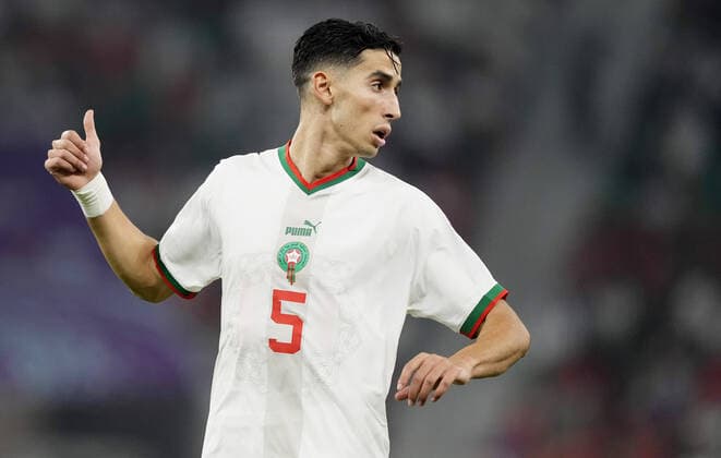 Mandatory Credit: Photo by Dave Shopland Shutterstock (13640369ae) Nayef Aguerd of Morocco. Canada v Morocco, FIFA World Cup, WM, Weltmeisterschaft, Fussball 2022, Group F, Football, Al Thumama Stadium, Doha, Qatar - 01 Dec 2022 Editorial Use Only Canada v Morocco, FIFA World Cup 2022, Group F, Football, Al Thumama Stadium, Doha, Qatar - 01 Dec 2022 Editorial Use Only Copyright: xDavexShopland Shutterstockx 13640369ae
