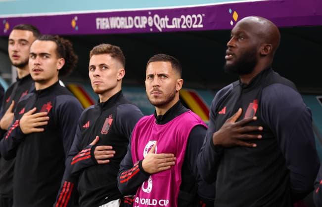 Al Rayyan, Qatar, 1st December 2022. Eden Hazard and Romelu Lukaku of Belgium during the FIFA World Cup, WM, Weltmeisterschaft, Fussball 2022 match at Ahmad bin Ali Stadium, Al Rayyan. Picture credit should read: David Klein Sportimage EDITORIAL USE ONLY. No use with unauthorised audio, video, data, fixture lists, club league logos or live services. Online in-match use limited to 120 images, no video emulation. No use in betting, games or single club league player publications. SPI-2076-0022