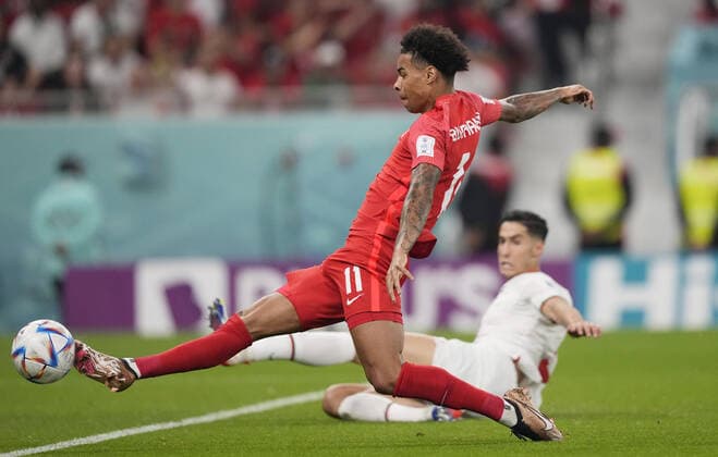 Mandatory Credit: Photo by Dave Shopland Shutterstock (13640369ah) Tajon Buchanan of Canada. Canada v Morocco, FIFA World Cup, WM, Weltmeisterschaft, Fussball 2022, Group F, Football, Al Thumama Stadium, Doha, Qatar - 01 Dec 2022 Editorial Use Only Canada v Morocco, FIFA World Cup 2022, Group F, Football, Al Thumama Stadium, Doha, Qatar - 01 Dec 2022 Editorial Use Only Copyright: xDavexShopland Shutterstockx 13640369ah