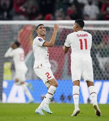 Mandatory Credit: Photo by Dave Shopland Shutterstock (13640369at) Abdelhamid Sabiri and Achraf Hakimi of Morocco celebrate their sides second goal scored by Yousseff En-Nesyri of Morocco. Canada v Morocco, FIFA World Cup, WM, Weltmeisterschaft, Fussball 2022, Group F, Football, Al Thumama Stadium, Doha, Qatar - 01 Dec 2022 Editorial Use Only Canada v Morocco, FIFA World Cup 2022, Group F, Football, Al Thumama Stadium, Doha, Qatar - 01 Dec 2022 Editorial Use Only Copyright: xDavexShopland Shutterstockx 13640369at