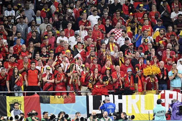 DOHA, QATAR - DECEMBER 01 : Belgian fans - supporters supporting their team during the FIFA World Cup, WM, Weltmeisterschaft, Fussball Qatar 2022 Group F match between Croatia and Belgium at the Ahmad Bin Ali Stadium on December 1, 2022 in Doha, Qatar, 1 12 2022 ( Croatia - Belgium - FIFA World Cup Qatar 2022 PhotoNews Panoramic 