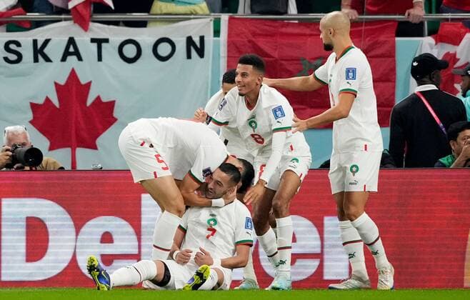 Mandatory Credit: Photo by Dave Shopland Shutterstock (13640369ch) Hakim Ziyech of Morocco celebrates scoring the opening goal. Canada v Morocco, FIFA World Cup, WM, Weltmeisterschaft, Fussball 2022, Group F, Football, Al Thumama Stadium, Doha, Qatar - 01 Dec 2022 Editorial Use Only Canada v Morocco, FIFA World Cup 2022, Group F, Football, Al Thumama Stadium, Doha, Qatar - 01 Dec 2022 Editorial Use Only Copyright: xDavexShopland Shutterstockx 13640369ch