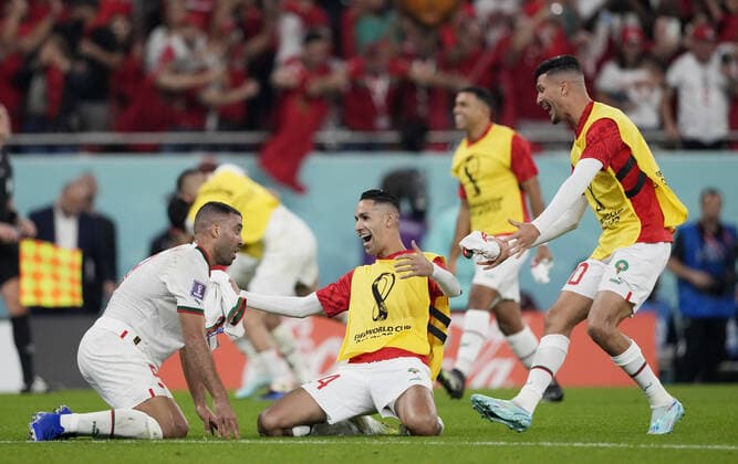 Mandatory Credit: Photo by Dave Shopland Shutterstock (13640369dl) Morocco players celebrate at full time. Canada v Morocco, FIFA World Cup, WM, Weltmeisterschaft, Fussball 2022, Group F, Football, Al Thumama Stadium, Doha, Qatar - 01 Dec 2022 Editorial Use Only Canada v Morocco, FIFA World Cup 2022, Group F, Football, Al Thumama Stadium, Doha, Qatar - 01 Dec 2022 Editorial Use Only Copyright: xDavexShopland Shutterstockx 13640369dl