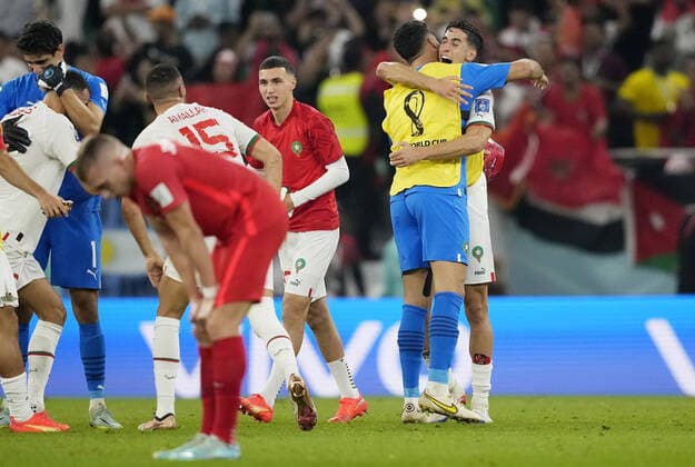 Mandatory Credit: Photo by Dave Shopland Shutterstock (13640369dm) Nayef Aguerd of Morocco and team mates celebrate at full time. Canada v Morocco, FIFA World Cup, WM, Weltmeisterschaft, Fussball 2022, Group F, Football, Al Thumama Stadium, Doha, Qatar - 01 Dec 2022 Editorial Use Only Canada v Morocco, FIFA World Cup 2022, Group F, Football, Al Thumama Stadium, Doha, Qatar - 01 Dec 2022 Editorial Use Only  Copyright: xDavexShopland Shutterstockx 13640369dm