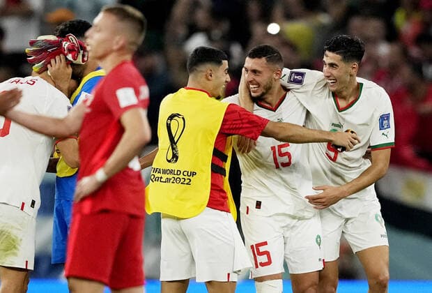 Mandatory Credit: Photo by Dave Shopland Shutterstock (13640369di) Nayef Aguerd of Morocco and team mates celebrate at full time. Canada v Morocco, FIFA World Cup, WM, Weltmeisterschaft, Fussball 2022, Group F, Football, Al Thumama Stadium, Doha, Qatar - 01 Dec 2022 Editorial Use Only Canada v Morocco, FIFA World Cup 2022, Group F, Football, Al Thumama Stadium, Doha, Qatar - 01 Dec 2022 Editorial Use Only  Copyright: xDavexShopland Shutterstockx 13640369di