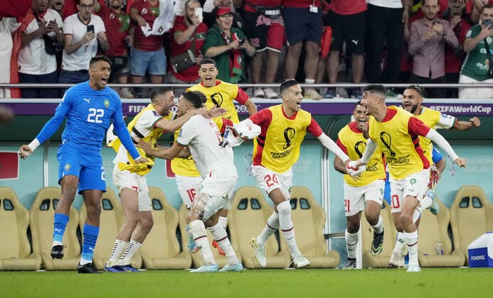Mandatory Credit: Photo by Dave Shopland Shutterstock (13640369do) Morocco players celebrate at full time. Canada v Morocco, FIFA World Cup, WM, Weltmeisterschaft, Fussball 2022, Group F, Football, Al Thumama Stadium, Doha, Qatar - 01 Dec 2022 Editorial Use Only Canada v Morocco, FIFA World Cup 2022, Group F, Football, Al Thumama Stadium, Doha, Qatar - 01 Dec 2022 Editorial Use Only  Copyright: xDavexShopland Shutterstockx 13640369do