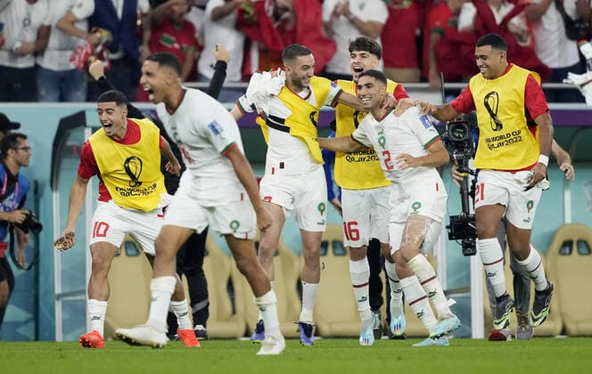 Mandatory Credit: Photo by Dave Shopland Shutterstock (13640369dp) Morocco players celebrate at full time. Canada v Morocco, FIFA World Cup, WM, Weltmeisterschaft, Fussball 2022, Group F, Football, Al Thumama Stadium, Doha, Qatar - 01 Dec 2022 Editorial Use Only Canada v Morocco, FIFA World Cup 2022, Group F, Football, Al Thumama Stadium, Doha, Qatar - 01 Dec 2022 Editorial Use Only  Copyright: xDavexShopland Shutterstockx 13640369dp