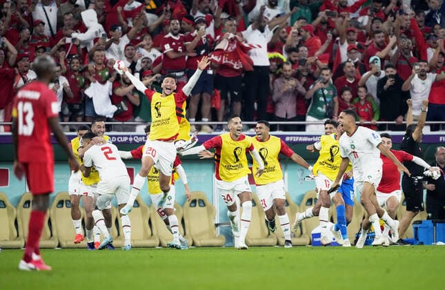 Mandatory Credit: Photo by Dave Shopland Shutterstock (13640369dr) Morocco players celebrate at full time. Canada v Morocco, FIFA World Cup, WM, Weltmeisterschaft, Fussball 2022, Group F, Football, Al Thumama Stadium, Doha, Qatar - 01 Dec 2022 Editorial Use Only Canada v Morocco, FIFA World Cup 2022, Group F, Football, Al Thumama Stadium, Doha, Qatar - 01 Dec 2022 Editorial Use Only  Copyright: xDavexShopland Shutterstockx 13640369dr