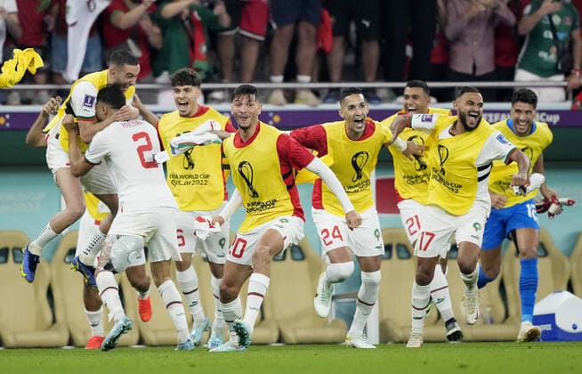 Mandatory Credit: Photo by Dave Shopland Shutterstock (13640369dn) Morocco players celebrate at full time. Canada v Morocco, FIFA World Cup, WM, Weltmeisterschaft, Fussball 2022, Group F, Football, Al Thumama Stadium, Doha, Qatar - 01 Dec 2022 Editorial Use Only Canada v Morocco, FIFA World Cup 2022, Group F, Football, Al Thumama Stadium, Doha, Qatar - 01 Dec 2022 Editorial Use Only  Copyright: xDavexShopland Shutterstockx 13640369dn