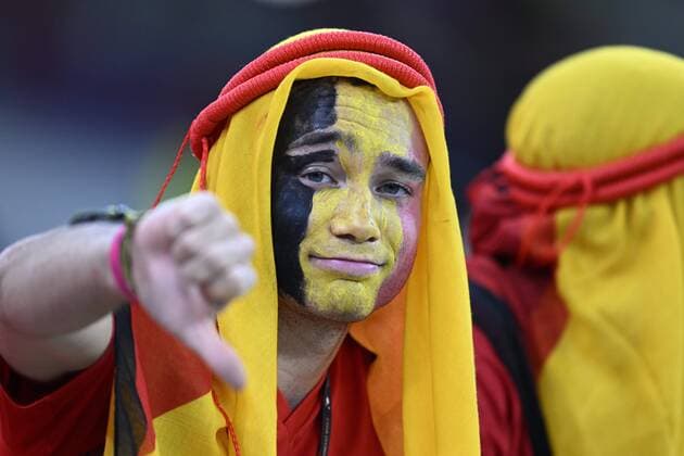 DOHA, QATAR - DECEMBER 01 : A Belgian fan - supporter looking dejected after elimination during the FIFA World Cup, WM, Weltmeisterschaft, Fussball Qatar 2022 Group F match between Croatia and Belgium at the Ahmad Bin Ali Stadium on December 1, 2022 in Doha, Qatar, 1 12 2022 ( Croatia - Belgium - FIFA World Cup Qatar 2022 PhotoNews Panoramic 