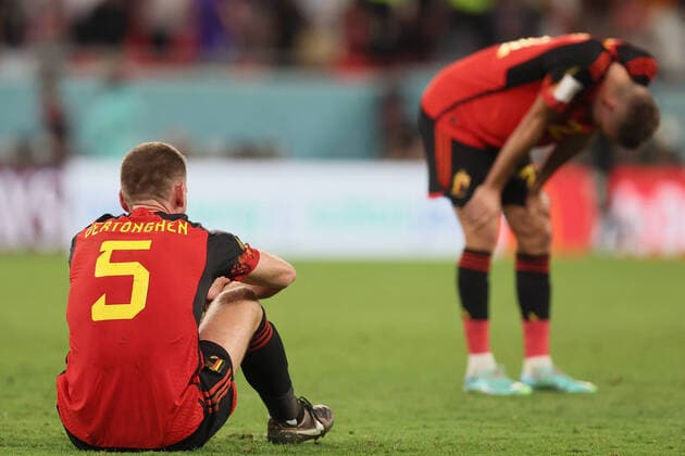 Belgium s Jan Vertonghen and Belgium s Timothy Castagne show deception after a draw result 0-0 meaning the elimination in the group phase at a soccer game between Belgium s national team, Nationalteam the Red Devils and Croatia, the third and last game in Group F of the FIFA 2022 World Cup in Al Rayyan, State of Qatar on Thursday 01 December 2022. BRUNOxFAHY  x54367373x