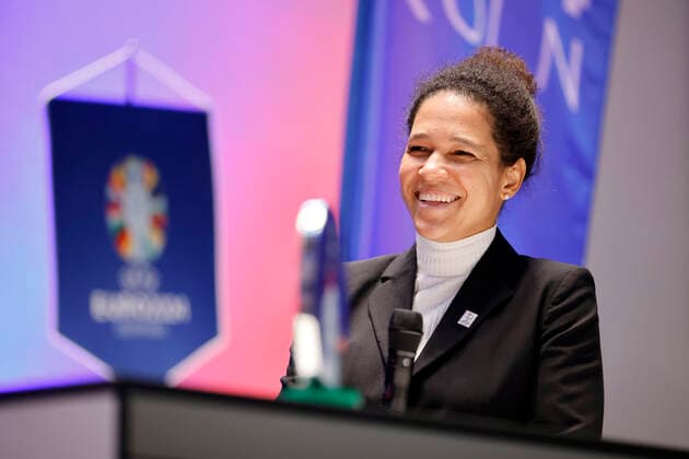 Soccer player Celia Sasic, tournament ambassador for UEFA EURO 2024, presenting the plans for the European Football Championship 2024 UEFA EURO 2024 in Germany A total of five European Football Championship matches are to be played in Cologne at the RheinEnergie Stadium, including four preliminary round matches and one round of 16 Cologne, 01 12 2022 NRW Germany Copyright: xChristophxHardtx