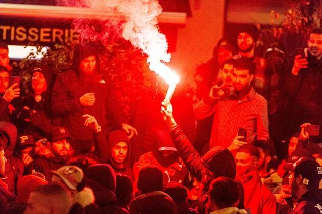 Illustration picture shows Moroccan supporters celebrating after winning their game against Canada , in Group F of the FIFA 2022 World Cup, in Brussels, on Thursday 01 December 2022. JONASxROOSENS  x54386749x