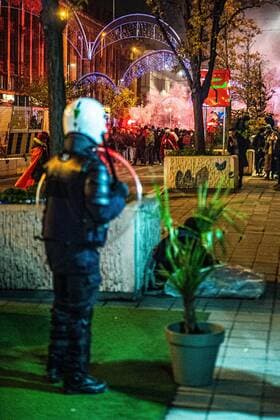 Illustration picture shows riot police standing on guard after a soccer game between Canada and Morocco , in Group F of the FIFA 2022 World Cup, in Brussels, on Thursday 01 December 2022. JONASxROOSENS  x54386774x