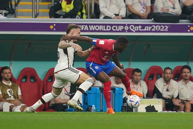 December 1, 2022, Doha, Al Khor, Qatar, Qatar: AL KHOR, QATAR - DECEMBER 1: Player of Costa Rica fights for the ball with player of Germany during the FIFA World Cup, WM, Weltmeisterschaft, Fussball Qatar 2022 group E match between Costa Rica and Germany at Al Bayt Stadium on December 1, 2022 in Doha, Qatar. Doha Qatar - ZUMAp175 20221201_zsa_p175_080 Copyright: xFlorenciaxTanxJunx