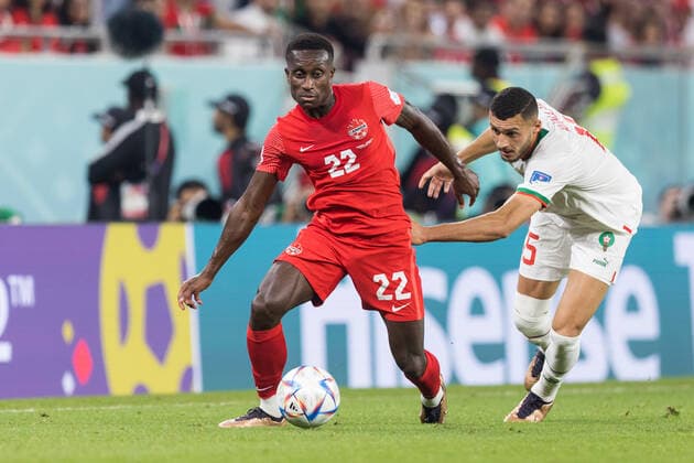 Canada v Morocco: Group F - FIFA World Cup, WM, Weltmeisterschaft, Fussball Qatar 2022 Richie Laryea , Selim Amallah during the World Cup match between Canada vs Morocco in Doha, Qatar, on December 1, 2022. Doha Qatar  Copyright: xFotoxOlimpikx originalFilename:jastrzebowski-canadavs221201_npvRP.jpg