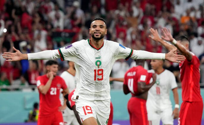 (221201) -- DOHA, Dec. 1, 2022 -- Youssef En-Nesyri of Morocco celebrates a goal which is ruled out for offside during the Group F match between Canada and Morocco at the 2022 FIFA World Cup, WM, Weltmeisterschaft, Fussball at Al Thumama Stadium in Doha, Qatar, Dec. 1, 2022. ) (SP)QATAR-DOHA-2022 WORLD CUP-GROUP F-CAN VS MAR LixGang 