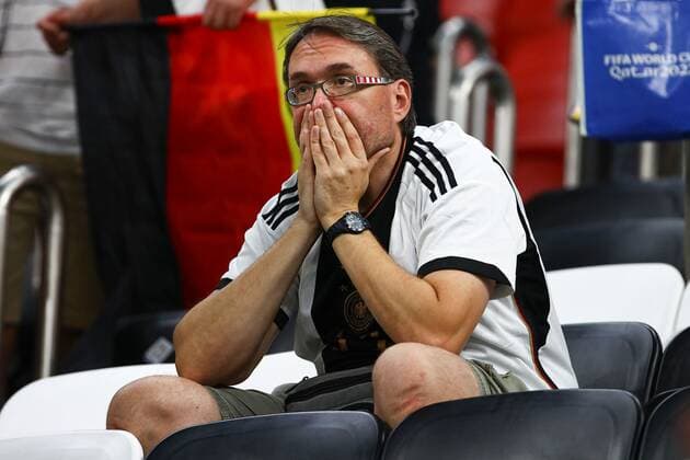 Mandatory Credit: Photo by Kieran McManus Shutterstock (13640390bw) German fans look dejected at the end of the match Costa Rica v Germany, FIFA World Cup, WM, Weltmeisterschaft, Fussball 2022, Group E, Football, Al Bayt Stadium, Al Khor, Qatar - 01 Dec 2022 Editorial Use Only Costa Rica v Germany, FIFA World Cup 2022, Group E, Football, Al Bayt Stadium, Al Khor, Qatar - 01 Dec 2022 Editorial Use Only  Copyright: xKieranxMcManus Shutterstockx 13640390bw