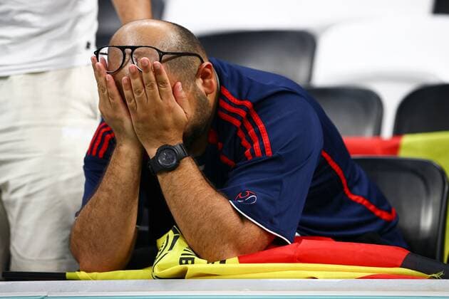 Mandatory Credit: Photo by Kieran McManus Shutterstock (13640390bx) German fans look dejected at the end of the match Costa Rica v Germany, FIFA World Cup, WM, Weltmeisterschaft, Fussball 2022, Group E, Football, Al Bayt Stadium, Al Khor, Qatar - 01 Dec 2022 Editorial Use Only Costa Rica v Germany, FIFA World Cup 2022, Group E, Football, Al Bayt Stadium, Al Khor, Qatar - 01 Dec 2022 Editorial Use Only  Copyright: xKieranxMcManus Shutterstockx 13640390bx