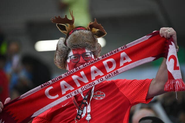 (221201) -- DOHA, Dec. 1, 2022 -- A fan of Canada poses before the Group F match between Canada and Morocco at the 2022 FIFA World Cup, WM, Weltmeisterschaft, Fussball at Al Thumama Stadium in Doha, Qatar, Dec. 1, 2022. ) (SP)QATAR-DOHA-2022 WORLD CUP-GROUP F-CAN VS MAR ChenxCheng 