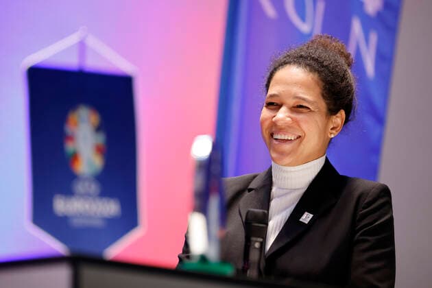Soccer player Celia Sasic, tournament ambassador for UEFA EURO 2024, presenting the plans for the European Football Championship 2024 UEFA EURO 2024 in Germany A total of five European Football Championship matches are to be played in Cologne at the RheinEnergie Stadium, including four preliminary round matches and one round of 16 Cologne, 01 12 2022 NRW Germany Copyright: xChristophxHardtx