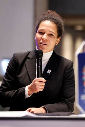 Soccer player Celia Sasic, tournament ambassador for UEFA EURO 2024, presenting the plans for the European Football Championship 2024 UEFA EURO 2024 in Germany A total of five European Football Championship matches are to be played in Cologne at the RheinEnergie Stadium, including four preliminary round matches and one round of 16 Cologne, 01 12 2022 NRW Germany Copyright: xChristophxHardtx