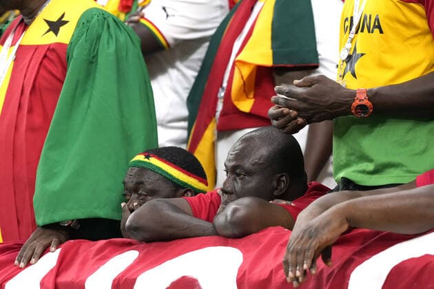 Mandatory Credit: Photo by Dave Shopland Shutterstock (13640436bg) Ghana fans look dejected as their side miss a penalty and go 0-2 down in the first half Ghana v Uruguay, FIFA World Cup, WM, Weltmeisterschaft, Fussball 2022, Group H, Football, Al Janoub Stadium, Al Wakrah, Qatar - 02 Dec 2022 Editorial Use Only Ghana v Uruguay, FIFA World Cup 2022, Group H, Football, Al Janoub Stadium, Al Wakrah, Qatar - 02 Dec 2022 Editorial Use Only  Copyright: xDavexShopland Shutterstockx 13640436bg