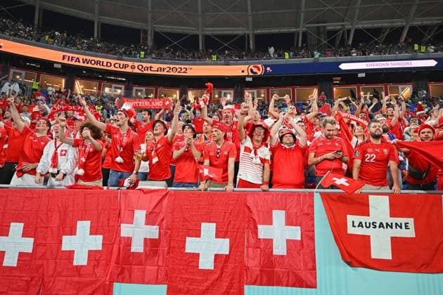 Football, Men, 2022 23 season, World Cup in Qatar, Group G 3 matchday , Serbia Switzerland at Stadium 974 in Doha, The fans of Switzerland , 02 12 2022, Copyright: xMatthiasxKochx