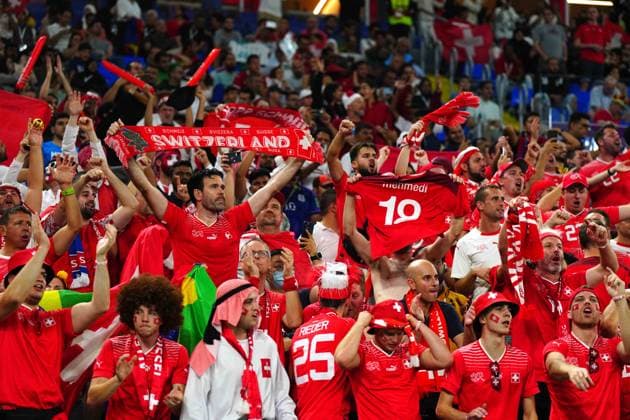 Mandatory Credit: Photo by Javier Garcia Shutterstock (13640451bh) Swiss fans celebrate Breel Embolo of Switzerland s equalising goal 2-2 Serbia v Switzerland, FIFA World Cup, WM, Weltmeisterschaft, Fussball 2022, Group G, Football, Stadium 974, Doha, Qatar - 02 Dec 2022 Editorial Use Only Serbia v Switzerland, FIFA World Cup 2022, Group G, Football, Stadium 974, Doha, Qatar - 02 Dec 2022 Editorial Use Only  Copyright: xJavierxGarcia Shutterstockx 13640451bh