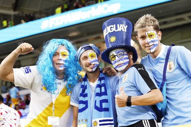 Football World Cup in Qatar Uruguay supporters cheer ahead of a World Cup Group H football match against Ghana at Al Janoub Stadium in Al Wakrah, Qatar, on Dec. 2, 2022.  A14AA0001369453P 