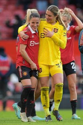 3rd December 2022; Old Trafford, Manchester, England; Womens Super League Football, Manchester United, ManU versus Aston Villa Ona Batlle of Manchester United and Manchester United Goalkeeper Mary Earps at full time  ActionPlus12455664 GaryxOakley