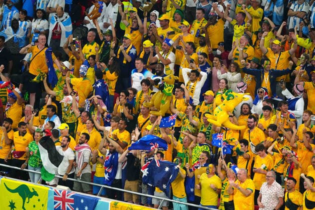 Mandatory Credit: Photo by Javier Garcia Shutterstock (13645322dl) The Australia fans party Argentina v Australia, FIFA World Cup, WM, Weltmeisterschaft, Fussball 2022, Round of 16, Football, Ahmad Bin Ali Stadium, Ar-Rayyan, Qatar - 03 Dec 2022 Editorial Use Only Argentina v Australia, FIFA World Cup 2022, Round of 16, Football, Ahmad Bin Ali Stadium, Ar-Rayyan, Qatar - 03 Dec 2022 Editorial Use Only  Copyright: xJavierxGarcia Shutterstockx 13645322dl