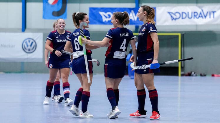 from left Stine Kurz MHC, 27 , Fiona Felber MHC, 6 , Nadine Kanler MHC, 4 , Charlotte Gerstenhöfer MHC, 28 , players of Mannheimer HC MHC , celebrating the goal to 7 2, celebration, goal, celebration, celebration about the goal, optimistic, game scene, highlight, action, action, 03 12 2022, Mannheim Germany , indoor field hockey, 1 Bundesliga Süd, women, Mannheimer HC Feudenheimer HC xozx