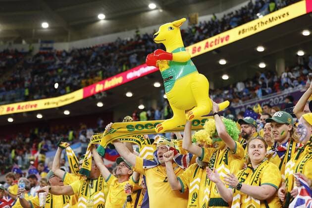 Football World Cup in Qatar Australia supporters cheer ahead of a World Cup round of 16 football match between Argentina and Australia at Ahmad Bin Ali Stadium in Al Rayyan, Qatar, on Dec. 3, 2022.  A14AA0001369940P 