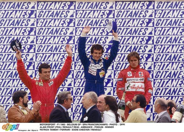 MOTORSPORT - F1 1983 - BELGIUM GP - SPA FRANCORCHAMPS - PHOTO : DPPI ALAIN PROST (FRA) RENAULT RE40 - AMBIANCE - PODIUM - WINNER PATRICK TAMBAY FERRARI - EDDIE CHEEVER RENAULT MOTORSPORT ALAIN PROST DPPI Panoramic  1983_BELGIUM_PROST_3.jpg