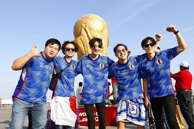Football World Cup in Qatar Japan supporters pose near Al Janoub Stadium in Al Wakrah, Qatar, on Dec. 5, 2022, ahead of a World Cup round of 16 football match against Croatia.  A14AA0001370599P 