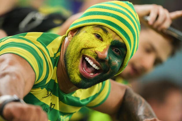 Brazilian fan celebrating during the FIFA World Cup, WM, Weltmeisterschaft, Fussball Qatar 2022 match between Brazil and South Korea at Stadium 974, Doha, Qatar on 5 December 2022. Copyright: xPeterxDovganx 34890062
