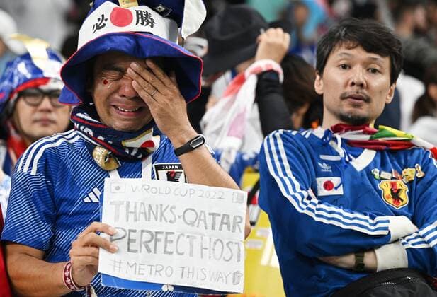 Qatar Soccer World Cup Japan - Croatia 8333596 05.12.2022 A Japan s fan sries after the Qatar 2022 World Cup Round of 8 soccer match between Japan and Croatia at the Al Janoub Stadium, in Al-Wakrah, Qatar. Grigory Sysoev Sputnik Al Wakrah Qatar  Copyright: xGrigoryxSysoevx