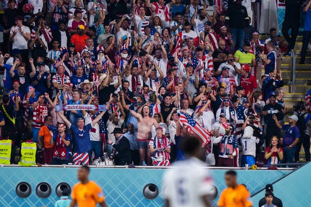 DOHA, - DECEMBER 03: USA fans celebrate the USA goal in during the round of 16 Match of the 2022 FIFA World Cup, WM, Weltmeisterschaft, Fussball in Qatar between USA and Netherlands on December 3, 2022, at Khalifa International Stadium Doha, Qatar. (Photo by Richard Gordon Icon Sportswire) SOCCER: DEC 03 FIFA World Cup - USA v Netherlands Icon2212031435