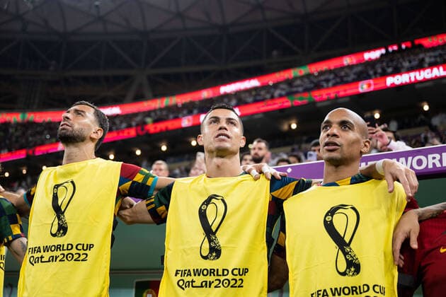 221206 Goalkeeper Rui Patricio, Cristiano Ronaldo and Joao Mario of Portugal on the bench during the national anthem ahead of the FIFA World Cup 2022 round of 16 football match between Portugal and Switzerland on December 6, 2022 in Doha Photo Joel Marklund BILDBYRAN code JM JM0405 bbeng football football soccer fotball world cup football world cup fotball world cup football world cup 2022 fifa world cup 2022 round of 16 round of 16 portugal switzerland switzerland,  Copyright: JOELxMARKLUND BB221206JM041