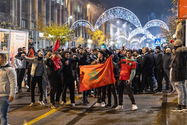 2022 FIFA World Cup, Morocco - Spain, Morocco fans celebrate in Brussels
