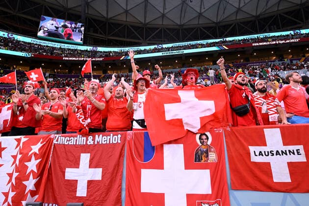 Fans Team Schweiz FIFA World Cup, WM, Weltmeisterschaft, Fussball 2022 in Katar Achtelfinale Portugal - Schweiz 5 : 1 am 06.12 .2022 im Lusail Stadion DFL REGULATIONS PROHIBIT ANY USE OF PHOTOGRAPHS as IMAGE SEQUENCES and or QUASI-VIDEO *** Fans Team Switzerland FIFA World Cup 2022 in Qatar Round of 16 Portugal Switzerland 5 1 on 06 12 2022 at Lusail Stadium DFL REGULATIONS PROHIBIT ANY USE OF PHOTOGRAPHS as IMAGE SEQUENCES and or QUASI VIDEO Copyright: xLacixPerenyix