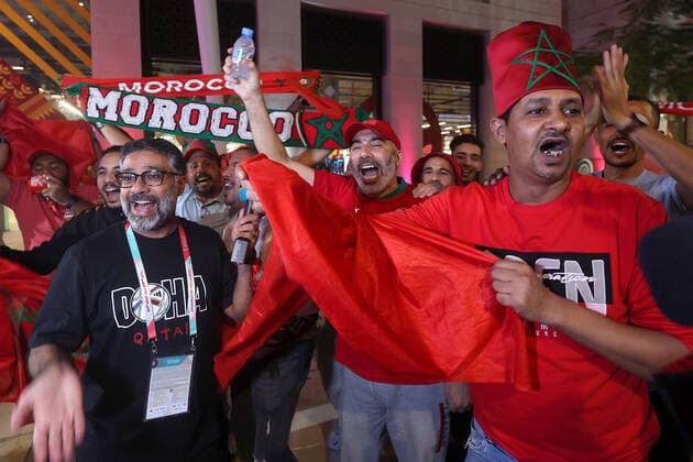 Morocco supporters - FIFA World Cup, WM, Weltmeisterschaft, Fussball Qatar 2022 Morocco fans celebrate after their team s victory against Spain in the 2022 Qatar World Cup Round of 16, in Doha, Qatar, on December 6, 2022. GoranxStanzl PIXSELL