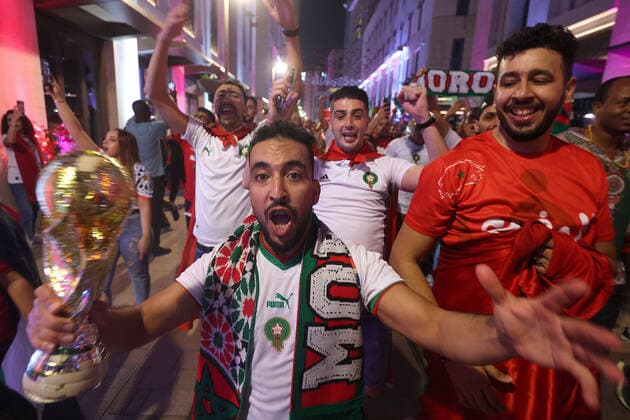 Morocco supporters - FIFA World Cup, WM, Weltmeisterschaft, Fussball Qatar 2022 Morocco fans celebrate after their team s victory against Spain in the 2022 Qatar World Cup Round of 16, in Doha, Qatar, on December 6, 2022. GoranxStanzl PIXSELL