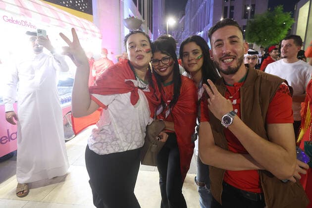 Morocco supporters - FIFA World Cup, WM, Weltmeisterschaft, Fussball Qatar 2022 Morocco fans celebrate after their team s victory against Spain in the 2022 Qatar World Cup Round of 16, in Doha, Qatar, on December 6, 2022. GoranxStanzl PIXSELL