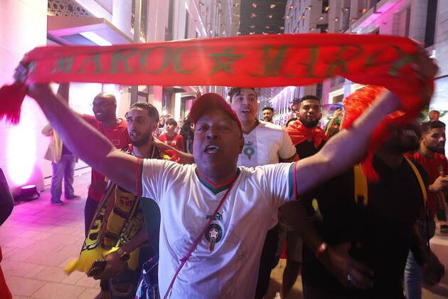 Morocco supporters - FIFA World Cup, WM, Weltmeisterschaft, Fussball Qatar 2022 Morocco fans celebrate after their team s victory against Spain in the 2022 Qatar World Cup Round of 16, in Doha, Qatar, on December 6, 2022. GoranxStanzl PIXSELL