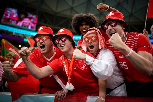 Doha, Qatar. 6th Dec, 2022. Swiss Fans Portugal - Switzerland Portugal - Schweiz World Cup 2022 in Qatar 06.12.2022 Credit: Moritz Müller *** Doha, Qatar 6th Dec, 2022 Swiss Fans Portugal Switzerland Portugal Switzerland World Cup 2022 in Qatar 06 12 2022 Credit Moritz Müller