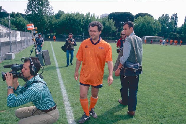 Italian journalist Enrico Mentana at the football match Manifesto-TG5 of June 1995, Rome, Italy 